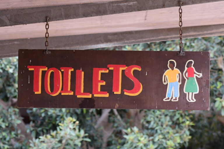 A photo of a sign that says "TOILETS" next to painted images of a man and a woman in colorful clothing. The sign is hanging from chains from a roof outside a building and there are trees in the background.